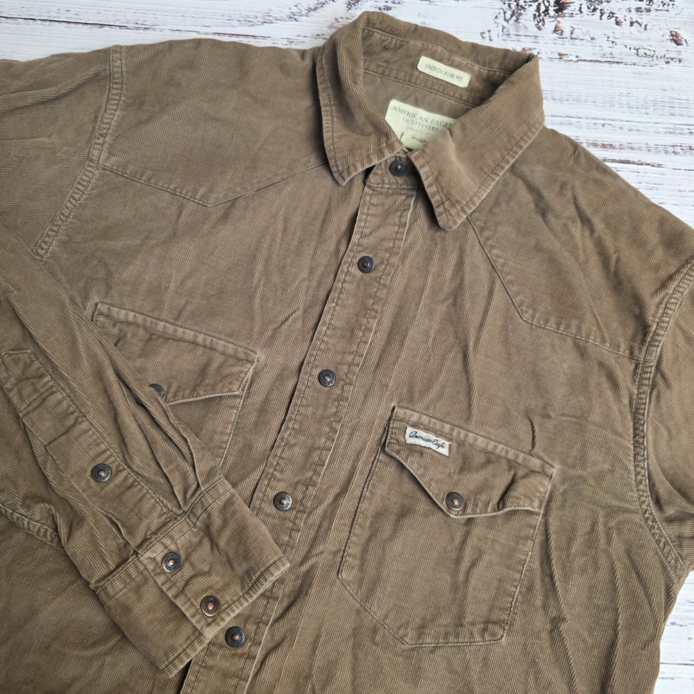 American Eagle Men's Small Brown Corduroy Snap‎ Front Long Sleeve Shirt Slim Fit